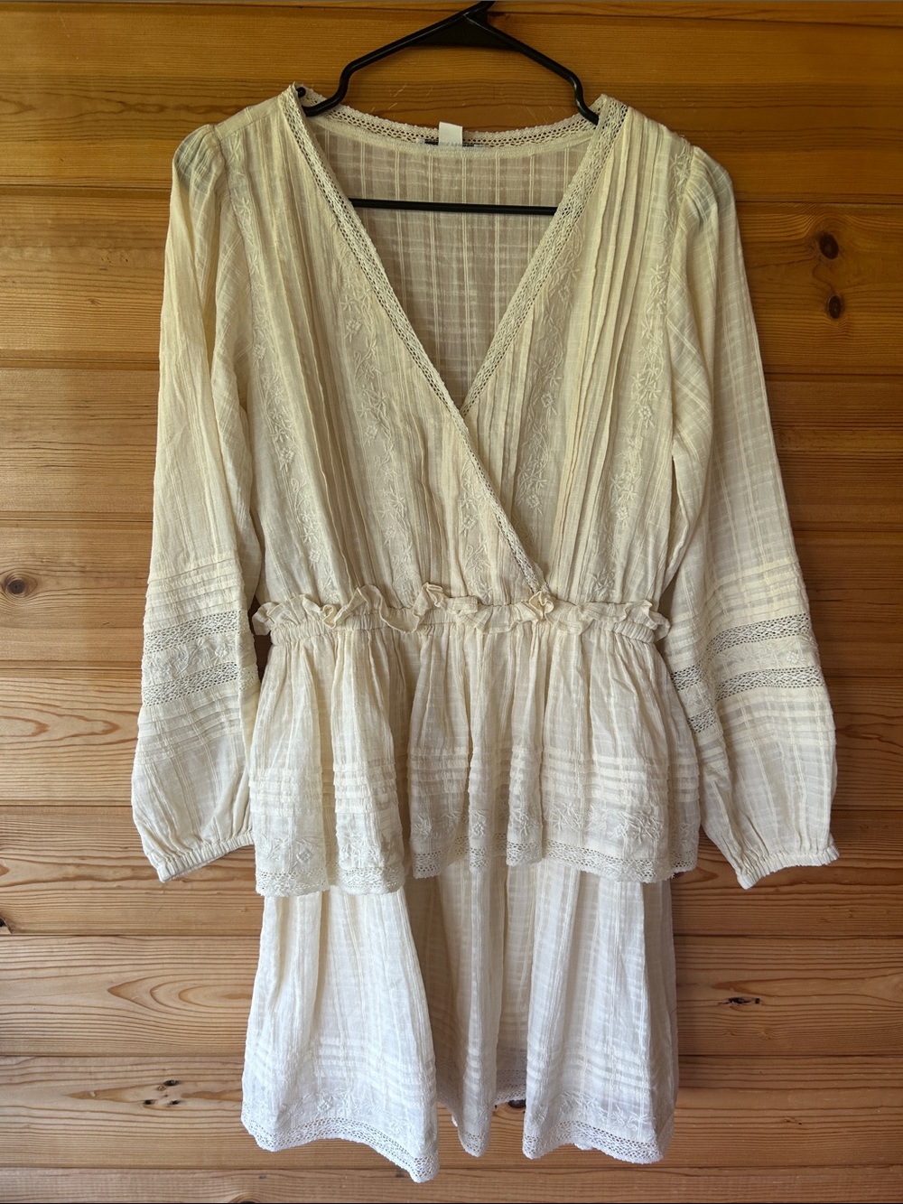 American Eagle Outfitters Cream Long-Sleeve Wrap Dress